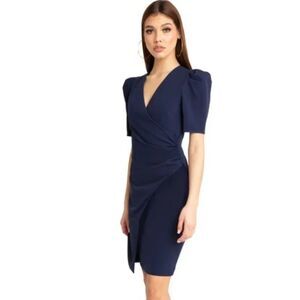 Black Halo Lauren Berman Bali Dress Navy Blue Cocktail Size 10 Sheath Faux Wrap